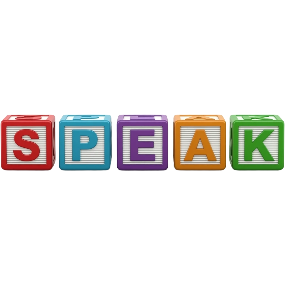 Five children's blocks forming the word "SPEAK" emoji