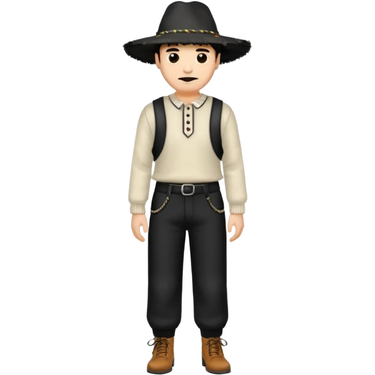 Crea a un hombre con pantalón acampanado zapatos negros un suéter como con fleco en los brazos y una clas de sombrero 👒 pero plano alrededor emoji
