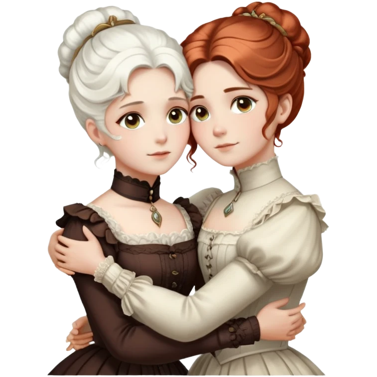 Two Victorian women embracing in a close hug, one with bright white coiffed hair and one with dark copper coiffed hair, both with light eyes, wearing Victorian high-neck dresses emoji
