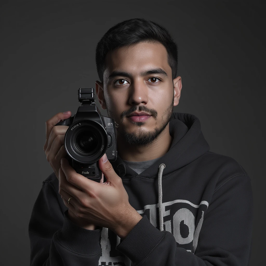 realistic portrait of a photographer posing with camera, studio quality emoji