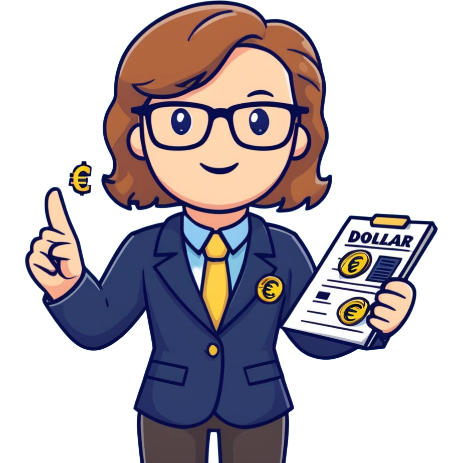 Professional economics channel mascot with shoulder-length wavy light brown hair, rectangular glasses, navy blazer, light blue shirt, holding clipboard with chart, pointing at dollar and euro symbols emoji