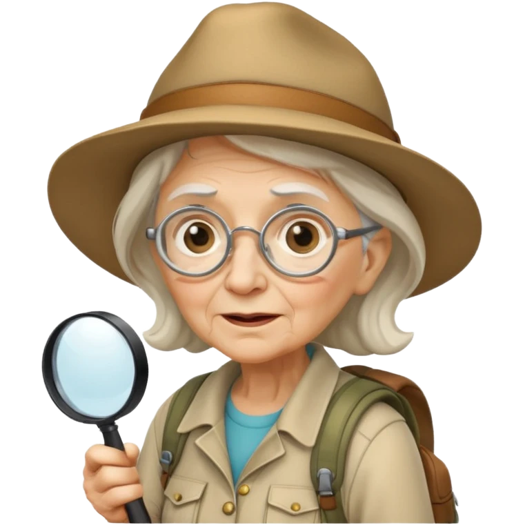 Explorer old woman backpack and magnifying glass, voyarer emoji