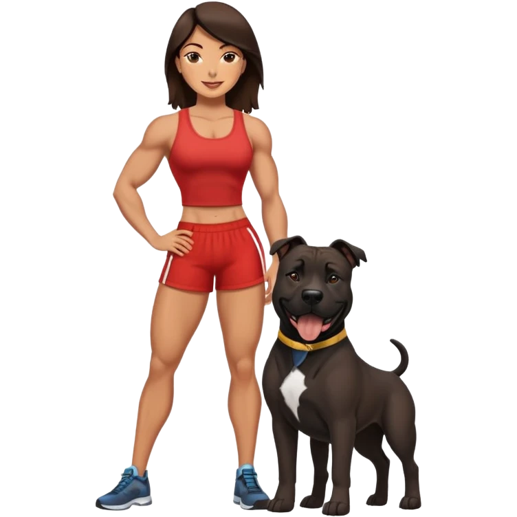 Brunette with a big black amstaff dog emoji