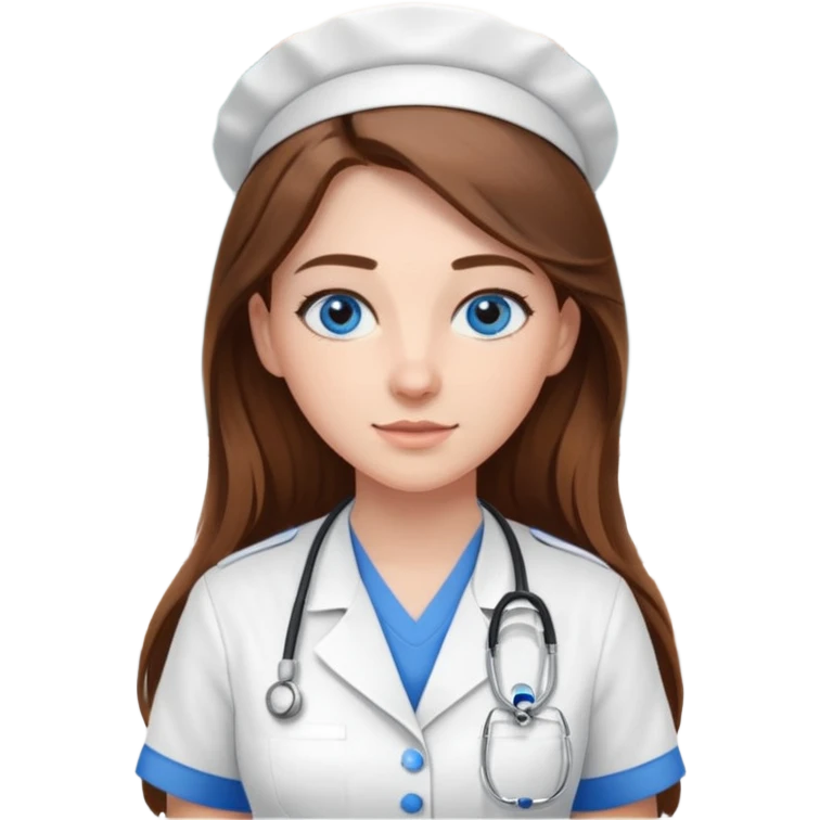 pretty female nursing student with long brown hair, blue eyes inside a classroom at university emoji