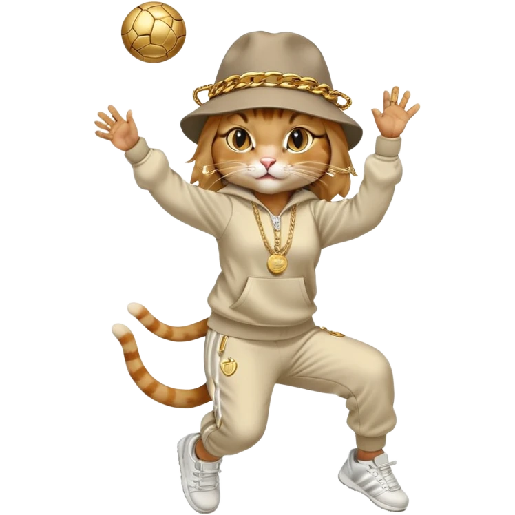 female cat dressed like Run DMC in tracksuit, fedora, Adidas shoes, lots of gold chains, rings, bracelets, earrings, catching a ball high in the air, no sunglasses emoji