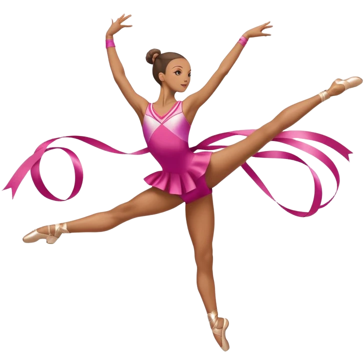 A graceful rhythmic gymnast performing with a flowing ribbon, executing an elegant leap mid-air. The pose exudes flexibility, balance, and artistry. The background suggests a competition arena with soft lighting, emphasizing movement, precision, and the beauty of the sport. emoji