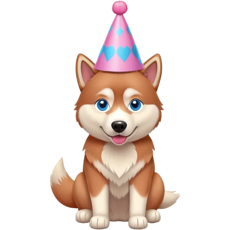red siberian husky with blue eyes, sitting, wearing a pink party hat emoji