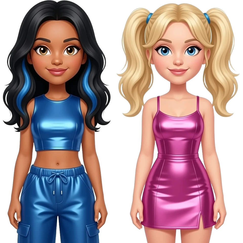 Spice Girls with Mel C with hazel eyes, long black hair with blue highlights, blue metallic crop top and baggy pants, Emma with blue eyes, long blonde two ponytail hair, pink metallic short dress emoji