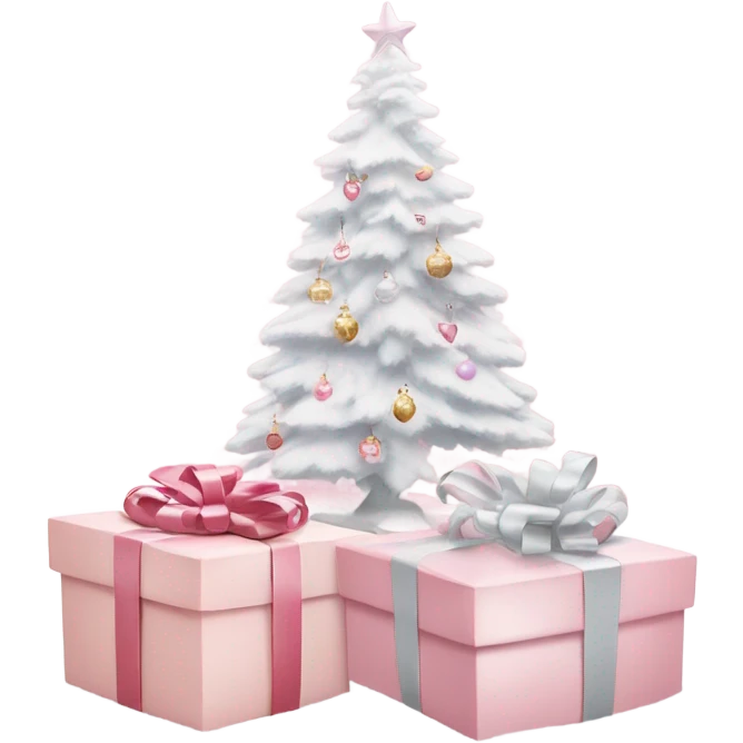 Light pink Christmas gifts under a white Christmas tree  emoji