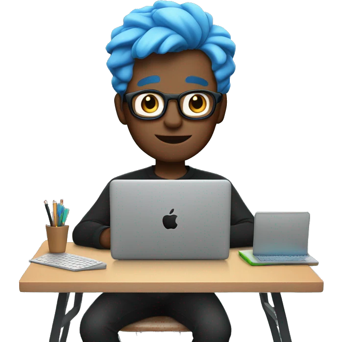 memoji of a man with a laptop in front, apple-style, modern, blue hair, black sweater, computer in hand, sites on a desk emoji