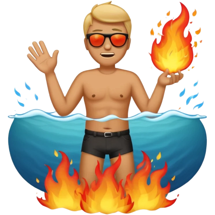Comic emoji of man trying to fan himself because it's sunny then suddenly his butt is on fire but then it got bigger and then goes to the ocean but makes the fire bigger emoji