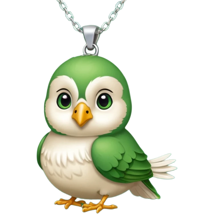 un oiseau classique vert avec un collier avec des breloque argentées et un poil blond qui fait une petite bouclette sur le front  emoji