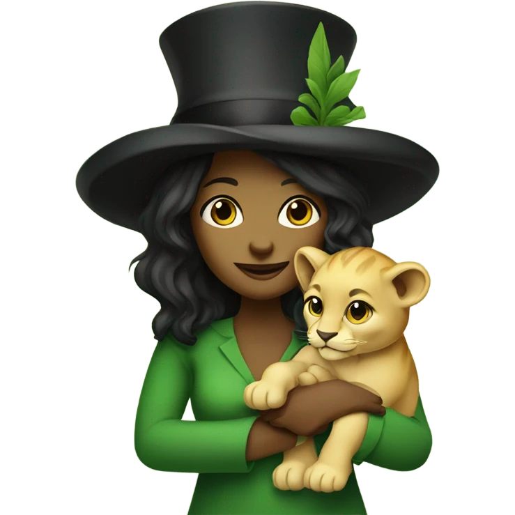 Green woman with pointy black hat holding a baby lion cub emoji