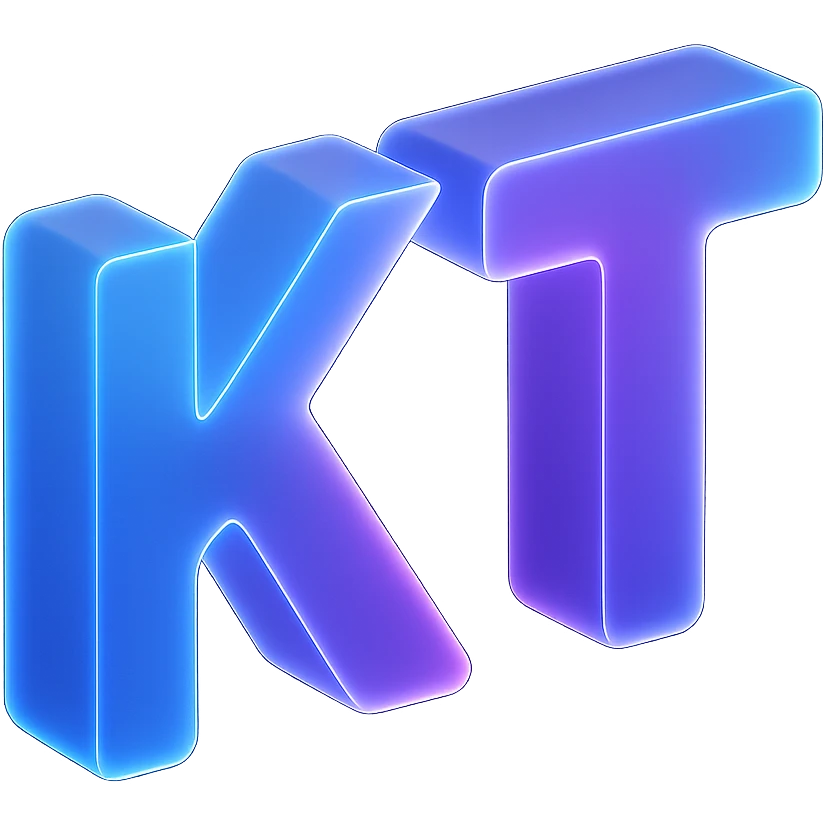 the letters KT with a fancy colorful gradient for the color with blue and purple emoji
