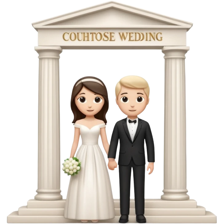 A 3D cartoon courthouse wedding venue with a bride and groom standing at the entrance, elegant white columns, soft natural lighting, simple modern decor, minimal background, realistic Memoji-style rendering. emoji