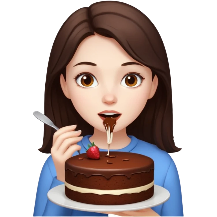 brunette girl with pale skin eating chocolate cake emoji