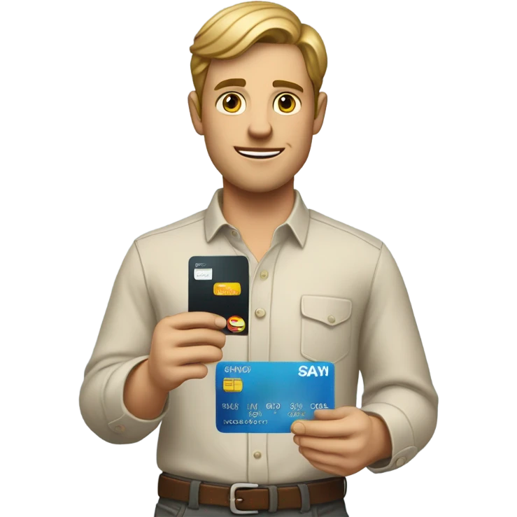 white guy in business casual look showing a credit card  emoji