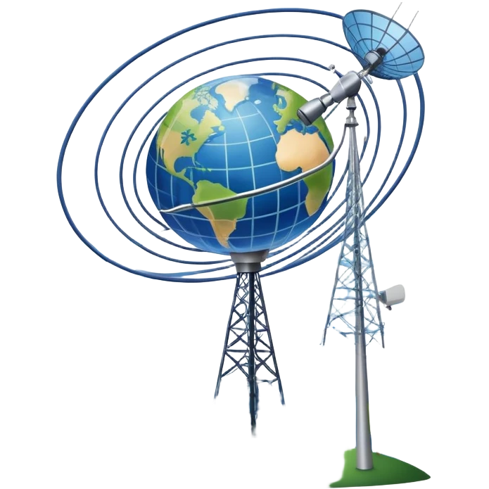 An icon featuring a satellite dish, cell tower with signal waves, and an earth, connected by lines, symbolizing telecommunications. The design includes data signals, network nodes, and a mobile device, representing global digital communication. Transparent background emoji