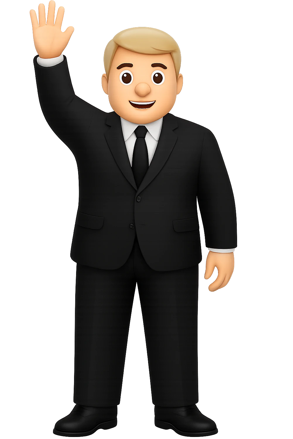 Make the white man in a black suit and shoes with one hand raised bigger framed with broader shoulders and a more robust build, keep no background. emoji