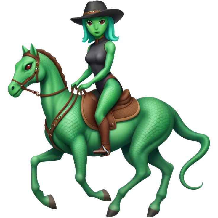 a Reptilian alien woman, full body, riding a horse emoji