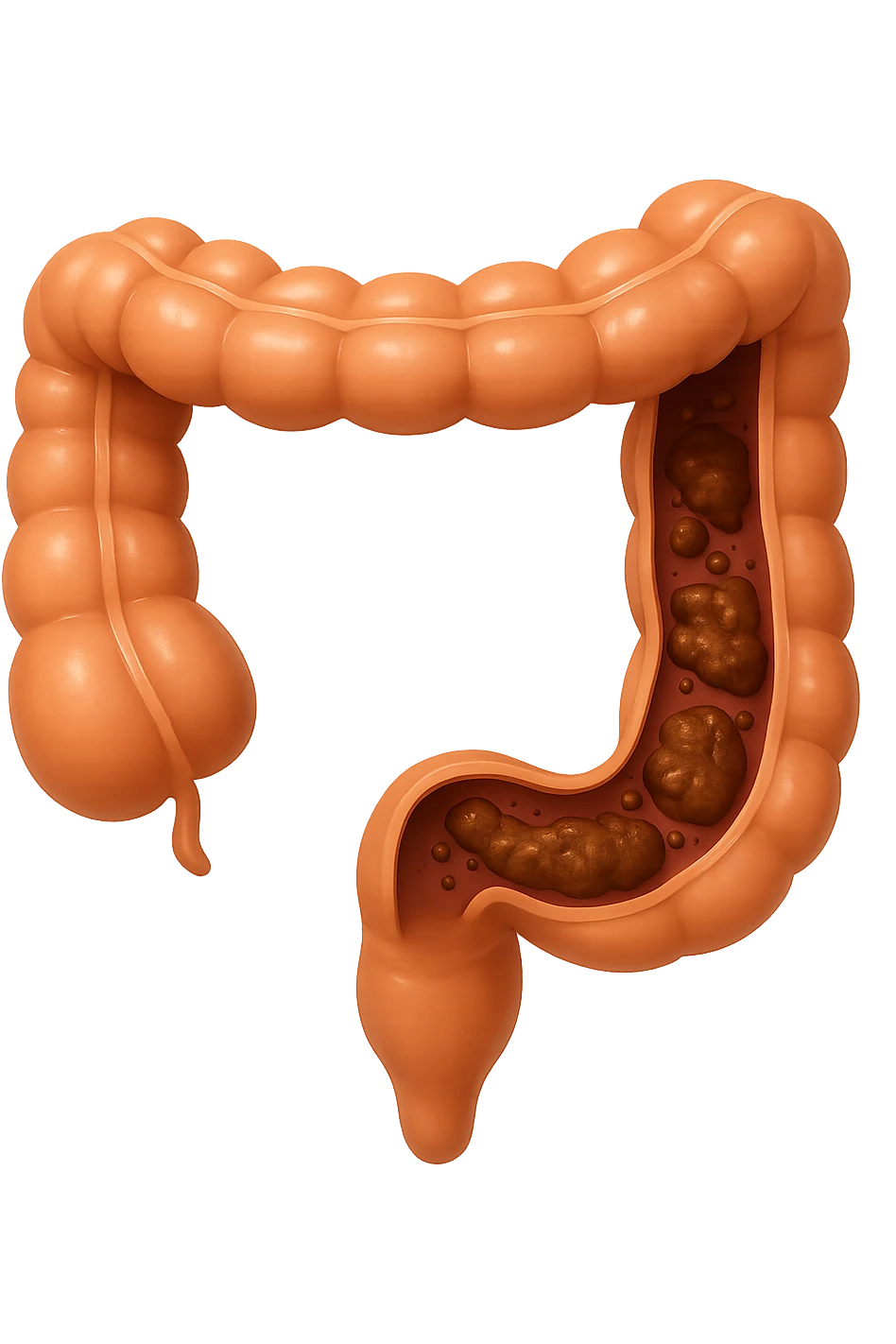 EMOJI STILE IPHONE DI UN TRATTO DI COLON INTESTINALE CHE FLUTTUA IN ARIA CON ALL'INTERNO DELLE FECI, IPERREALISTICO 4K emoji