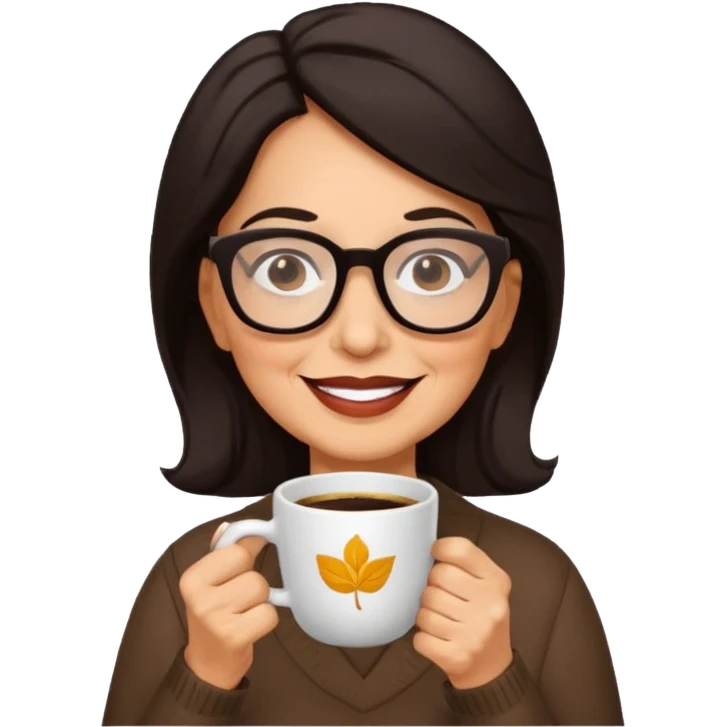 Happy Older Hispanic woman with dark hair wearing glasses, enjoying coffee 
 emoji