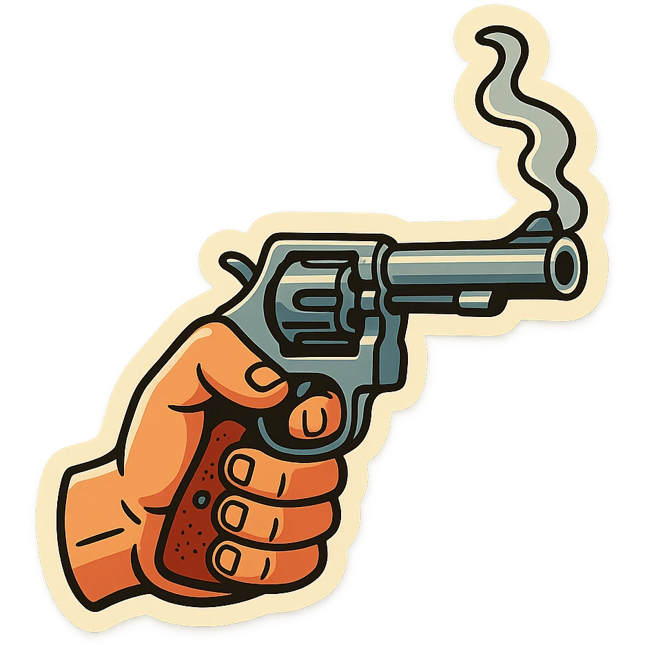 male hand holding a revolver, retro stickers style, clear black outlines, expressive shadows and highlights, no gradients, only sharp color transitions, revolver with smoke coming out of the barrel emoji