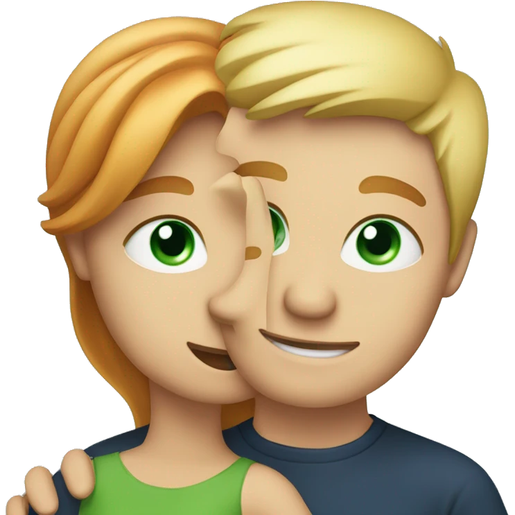 Lady with red and blonde hair with green eyes giving the man with blonde hair and blue eyes a hug emoji