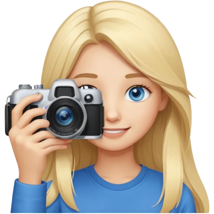  blue eyes blonde girl photographer cartoon taking picture in middle of taking picture camera in front of face long hair smiling funny flash professional, camera in front of face emoji