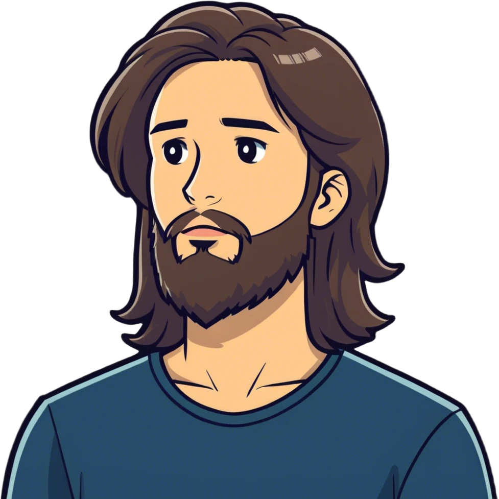 Boy with long hair and beard asking how he can serve  emoji