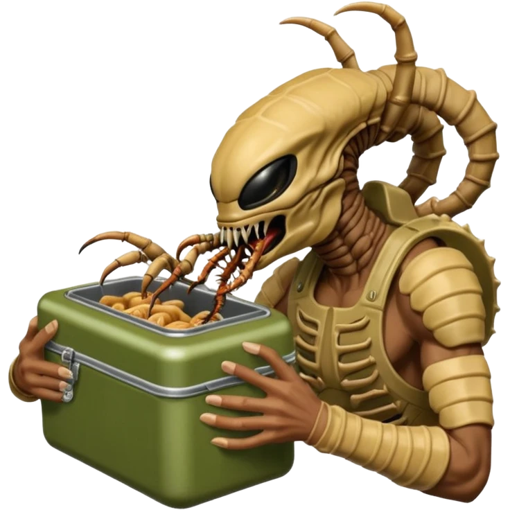 The original Predator with mask and mouth piece eating an Alien facehugger from a lunchbox, the setting should be dark and real. emoji