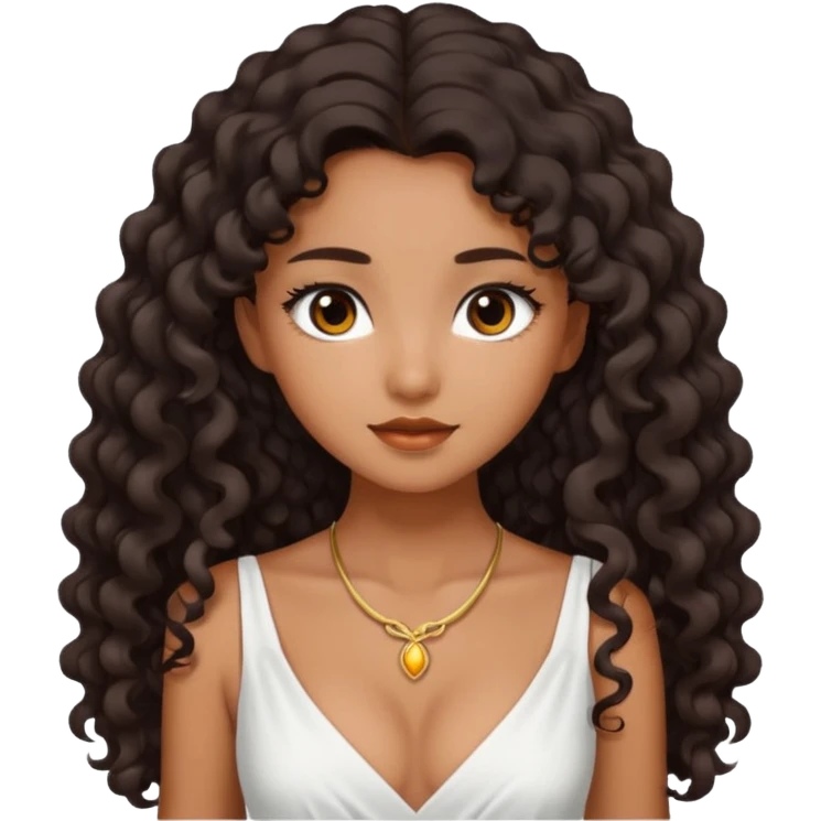 Dark tanned skin girl with very dark brown very long curly hair, very dark Asian eyes, white dress at neckline  emoji