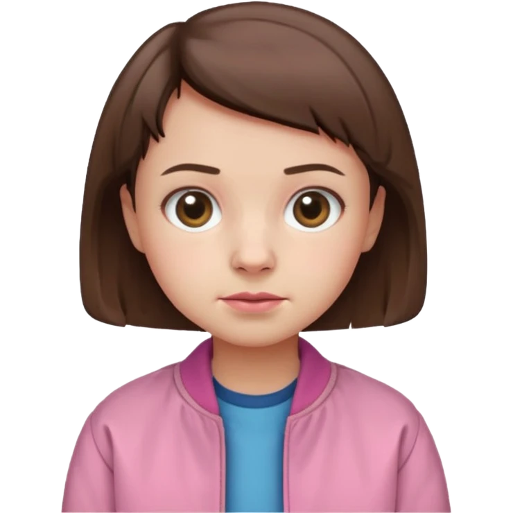 Create a cute emoji-style illustration of Eleven from Stranger Things: round face, big expressive eyes, short brown buzz-cut hair, pink jacket, simple nose and mouth, soft shading, bright colors, clean outline, minimal details, friendly expression, flat emoji style, white or transparent background. emoji