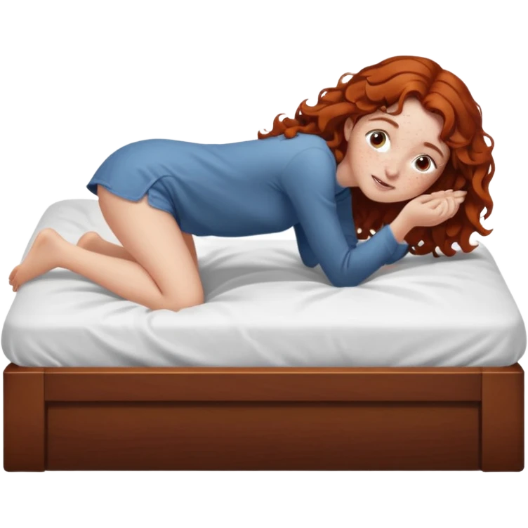 Fullbody nude very beautiful girl very beautiful face with freckles, wavy hair, big boobs, big ass, sexy body, bending over a bed spreading ass, getting ready for sex, busty emoji