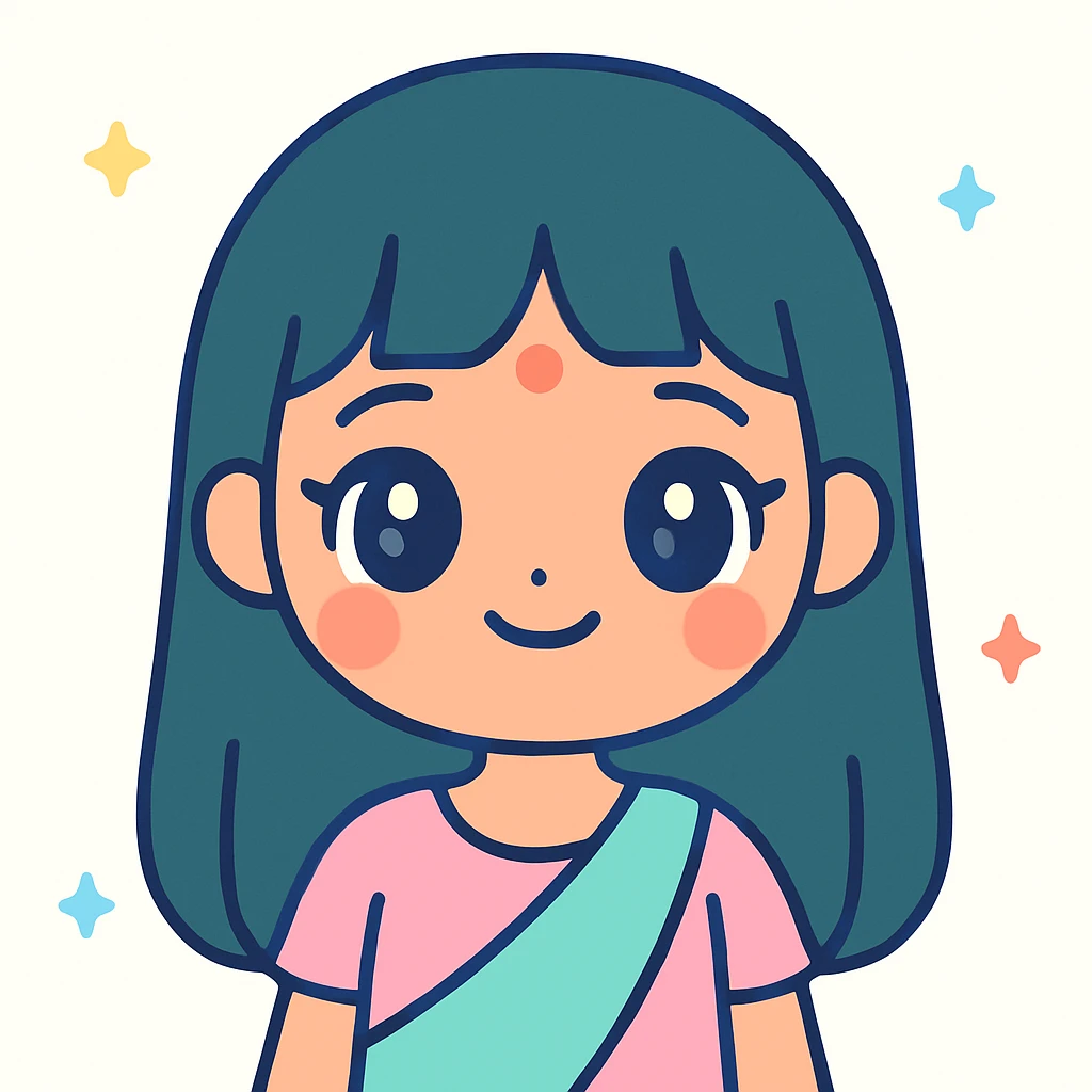 illustration of an Indian girl with straight long hair and a fringe, big lips, slightly slanted eyes, winged eye liner, cute kawaii style emoji