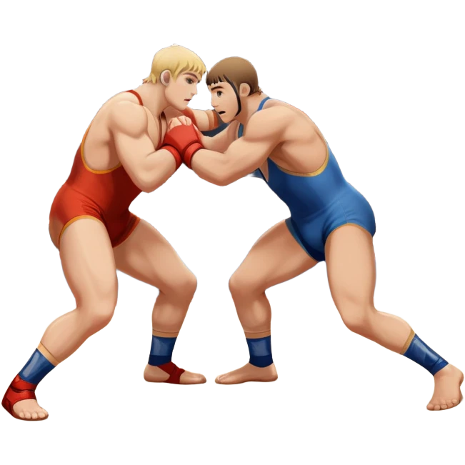 An icon showcasing two wrestlers engaged in a Greco-Roman wrestling match. The athletes are locked in a strong clinch, using their upper bodies to dominate. The background features a wrestling mat and traditional Greco-Roman elements. Transparent background. emoji