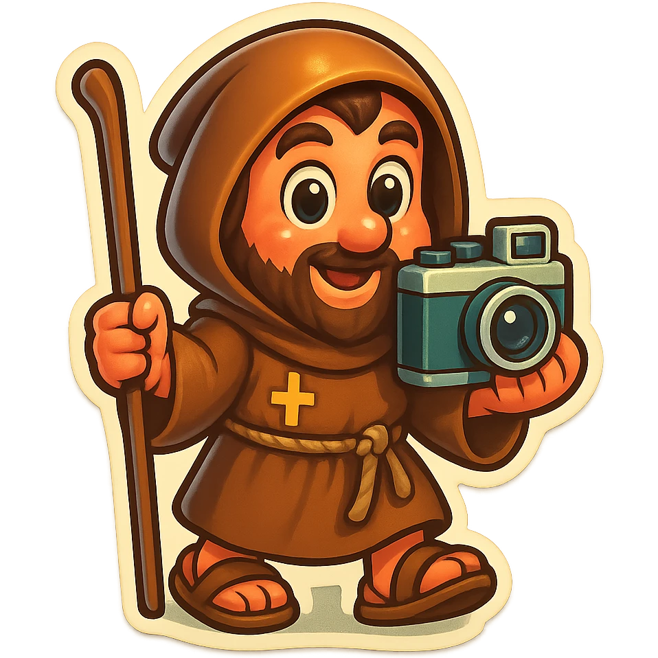 medieval pilgrim holding a camera, cartoonish, big eyes, retro stickers style emoji