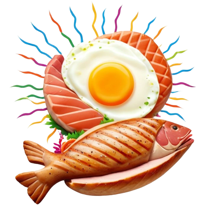 Protein party explosion with chicken breast, red meat steak, salmon fillet, and egg bursting upward from center like fireworks, with the largest chicken piece in front, DNA strands spiraling around them, and muscle silhouette in background emoji
