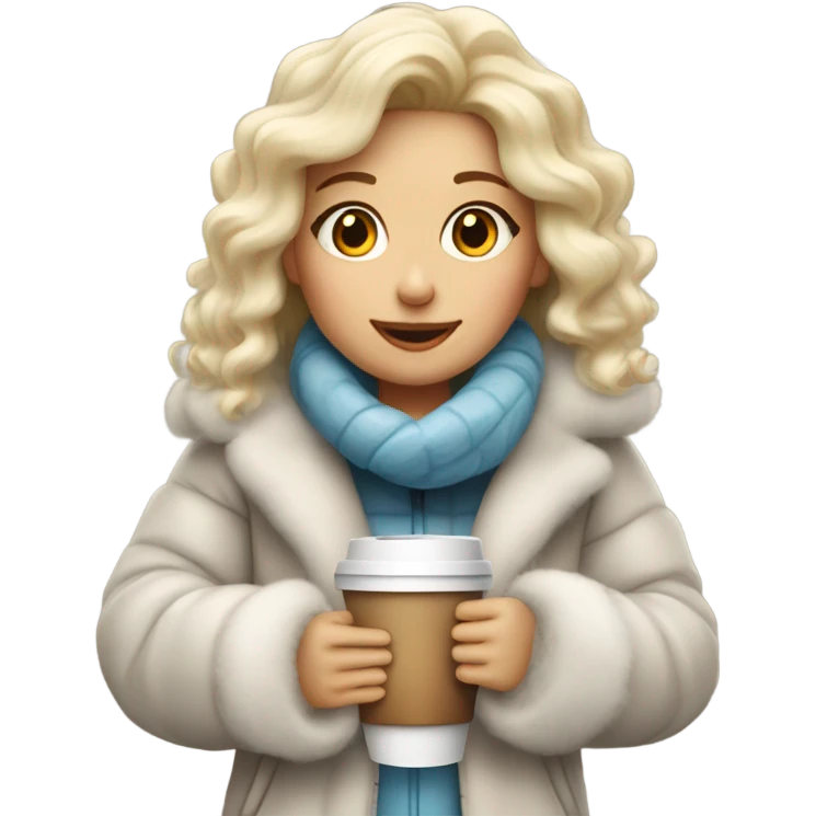 blondegirl wearing fluffy jacket and a coffee to go in hand emoji