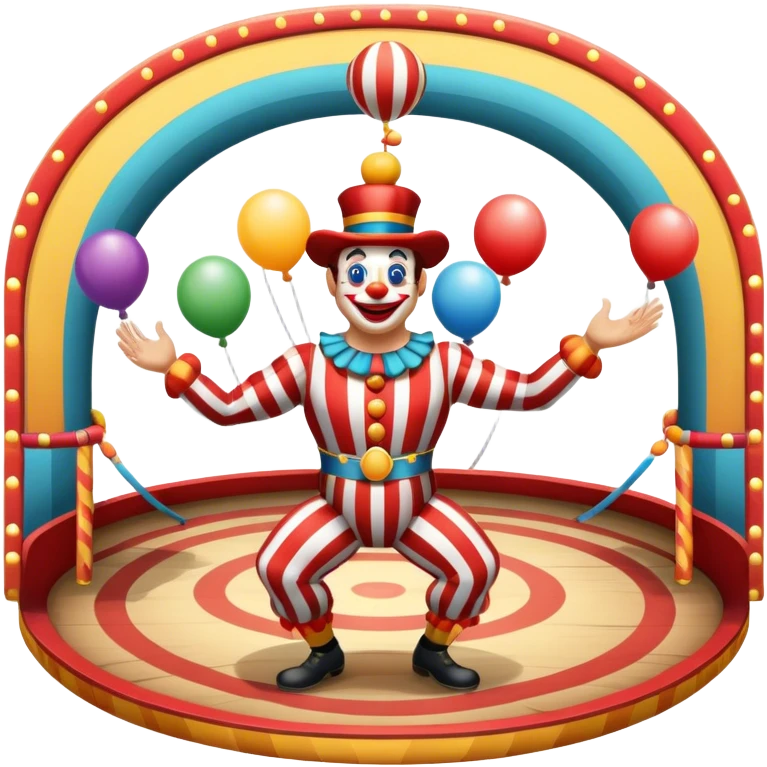 Icon for Circus Arts: a vibrant round circus arena with a strongman in a striped costume, a juggler, and a clown performing. The icon should convey the excitement and fun of circus performances, with focus on the performers and the colorful setting. Transparent background. emoji