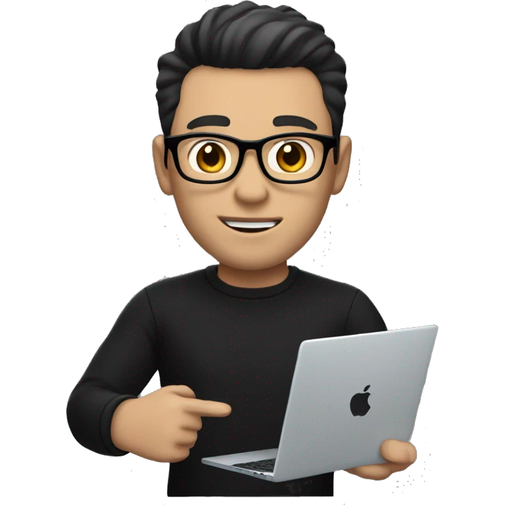    memoji of a man with a laptop in front, apple-style,modern,dark hair,black sweater,computer in hand,white skin, an avatar image gonna be round  emoji