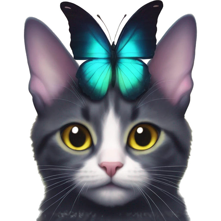 Dark iridescent butterfly glowing on top of cats head  emoji