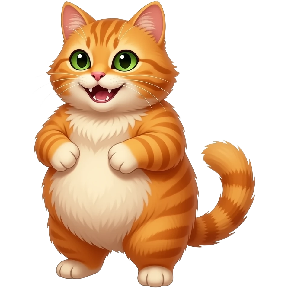 chonky orange cat with green eyes, standing on back legs, belly, one teeth showing, smiling, devilish eyes, long haired, 3/4 view, emoji