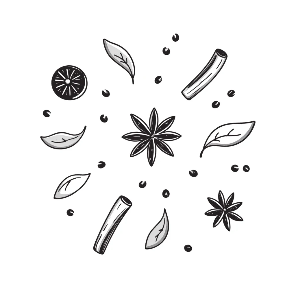 Hand-drawn collection of spices including peppercorns, bay leaves, cinnamon sticks, and star anise emoji