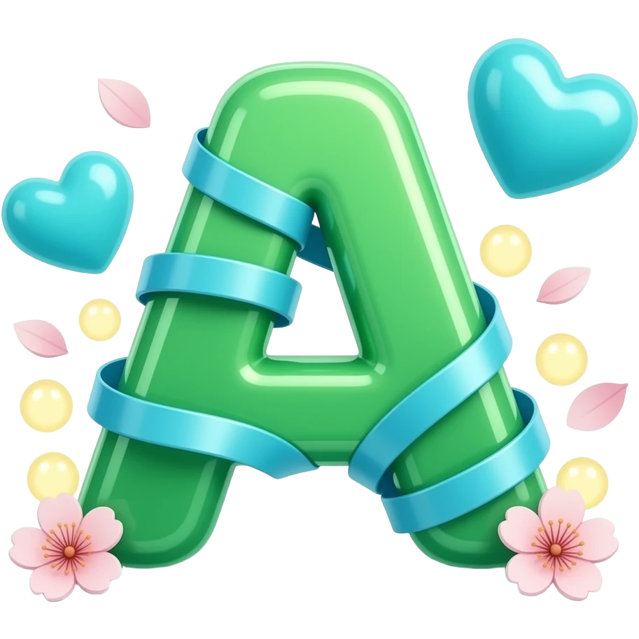 A sleek, green letter 'A' adorned with satin ribbons and glowing neon-blue hearts. Surrounded by floating cherry blossom petals and golden bokeh. Vibrant, modern, and feminine with a cinematic glow emoji