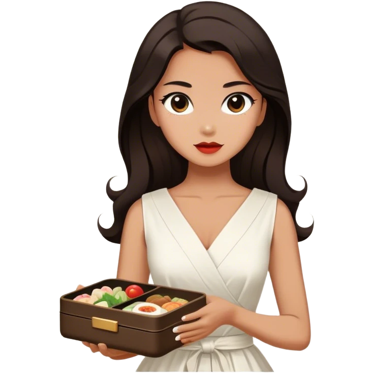 Beautiful woman in 1950’s woman fashion look, white dress, long dark brown hair, Japanese bento emoji