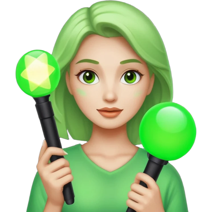 A pretty woman holding a green light stick emoji