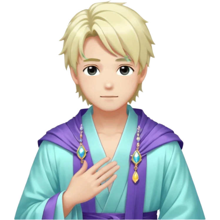 Beautiful gorgeous romantic blushing youthful handsome anime guy with beautiful iridescent-pastel-whitish-special-gently-tousled-medium-long-hair, fashion aesthetic, ethereal, fairycore, pastelcore, layered robes, accessories, jewelries, colorful, shiny, trending style, outside emoji