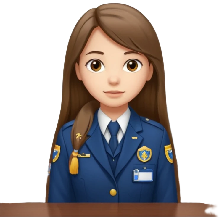 Young girl, long brown straight hair, wearing uniform jacket with hotel name badge, tasteful scarf, stand behind the desk

 emoji
