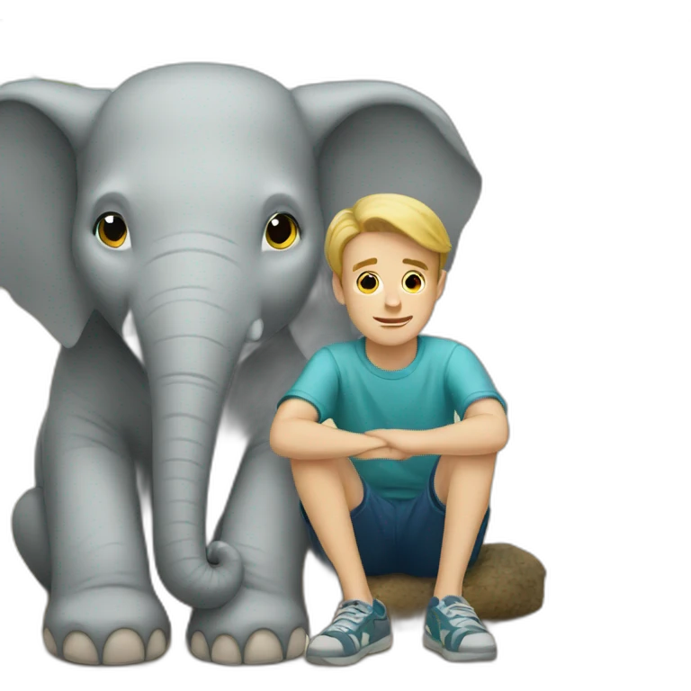 young white man sitting next to an elephant emoji